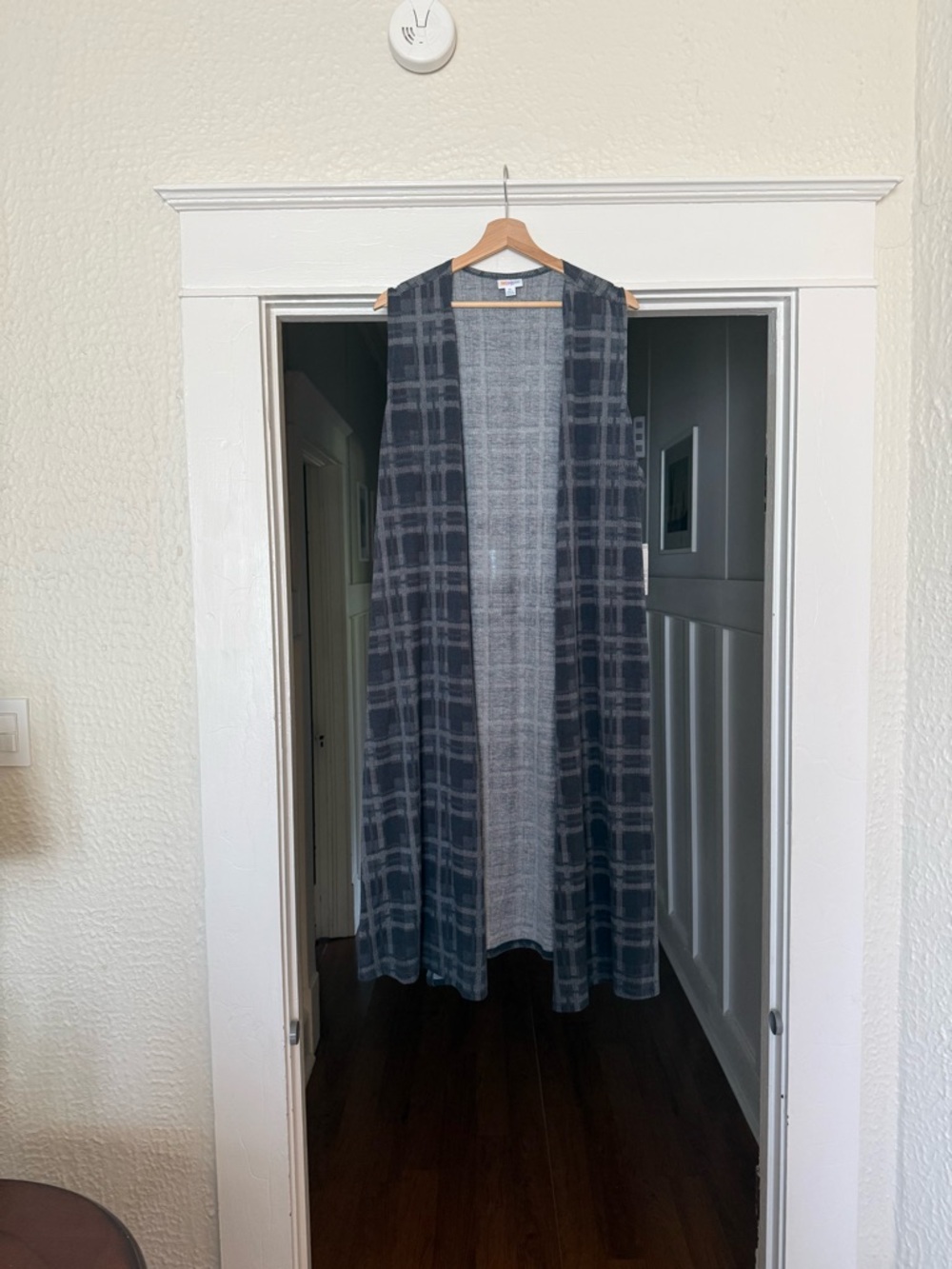 LuLaRoe Long Plaid Duster Vest in Charcoal and Gray